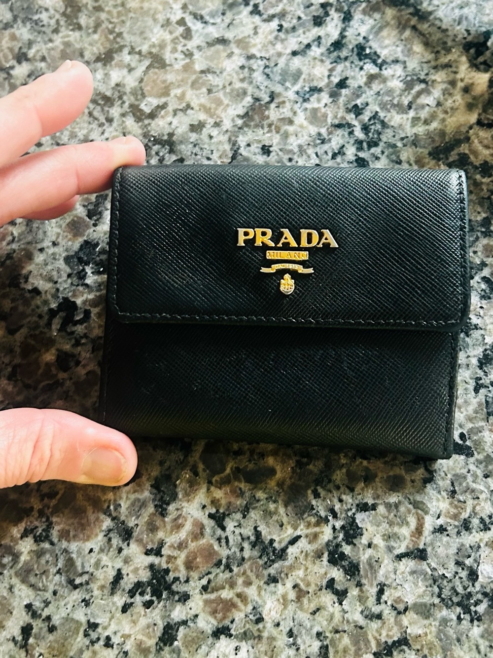 Prada Black Leather Small Wallet with Gold Logo